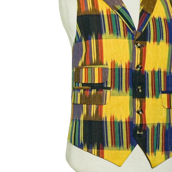 Mens Vest 46R Ikat Plaid Multicolor Cotton Waistcoat Western Preppy Casual Party - Picture 6 of 8